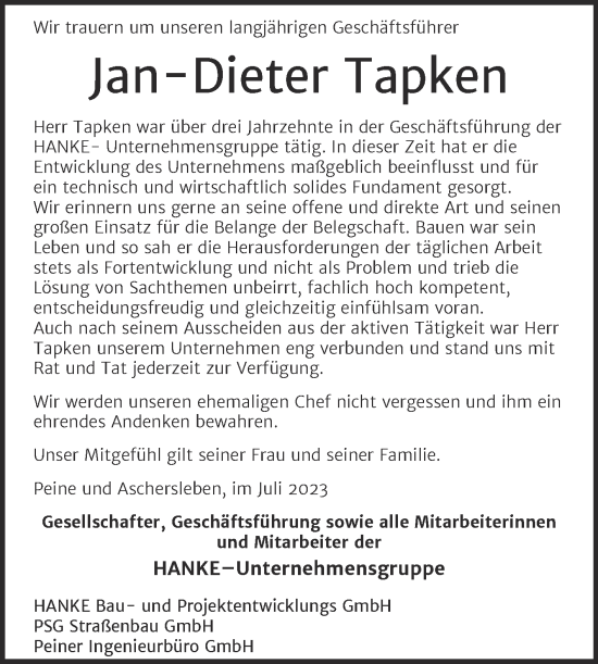 Traueranzeige von Jan-Dieter Tapken von Mitteldeutsche Zeitung Aschersleben
