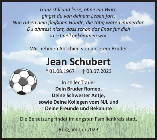 Traueranzeige von Jean Schubert von Volksstimme Burg/Genthin