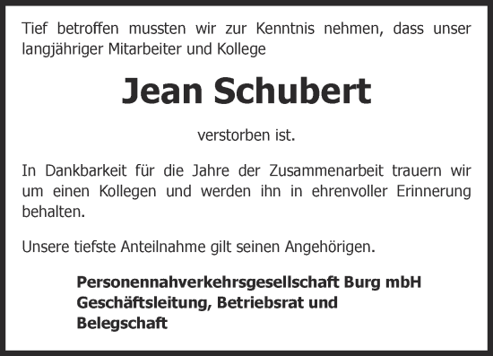 Traueranzeige von Jean Schubert von Volksstimme Burg/Genthin