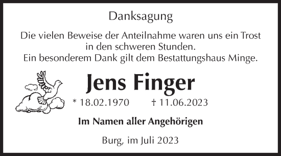 Traueranzeige von Jens Finger von Volksstimme Burg/Genthin