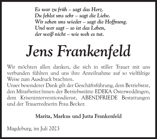 Traueranzeige von Jens Frankenfeld von Volksstimme Magdeburg