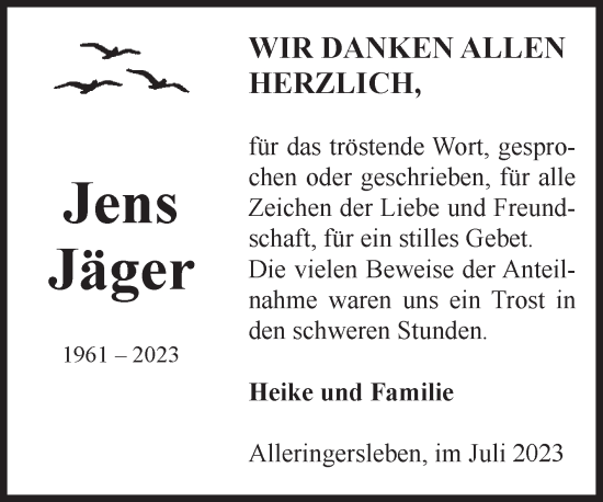 Traueranzeige von Jens Jäger 