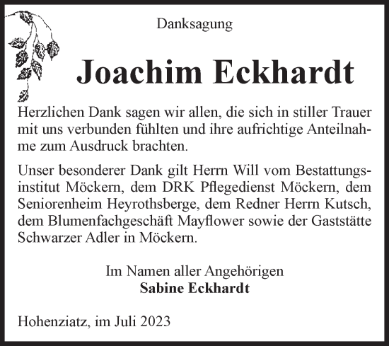Traueranzeige von Joachim Eckhardt von Volksstimme Burg/Genthin