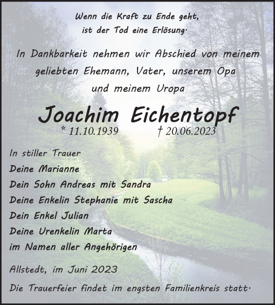 Traueranzeige von Joachim Eichentopf von Trauerkombi Sangerhausen