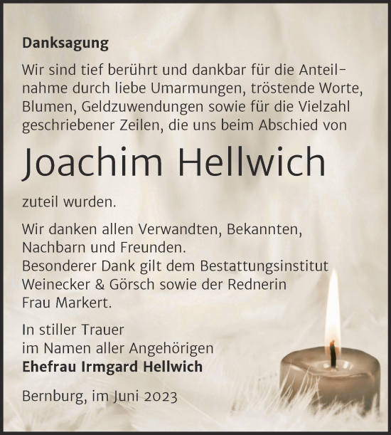 Traueranzeige von Joachim Hellwich von Trauerkombi Bernburg