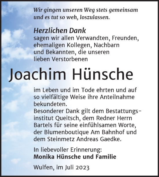 Traueranzeige von Joachim Hünsche von Trauerkombi Köthen