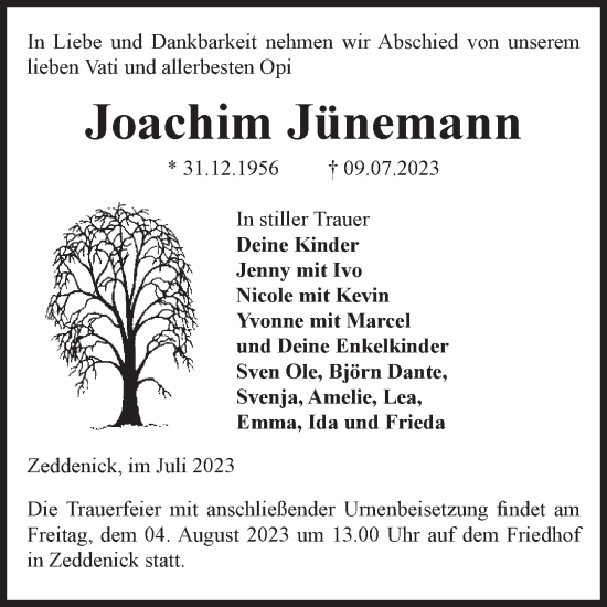 Traueranzeige von Joachim Jünemann von Volksstimme Burg/Genthin