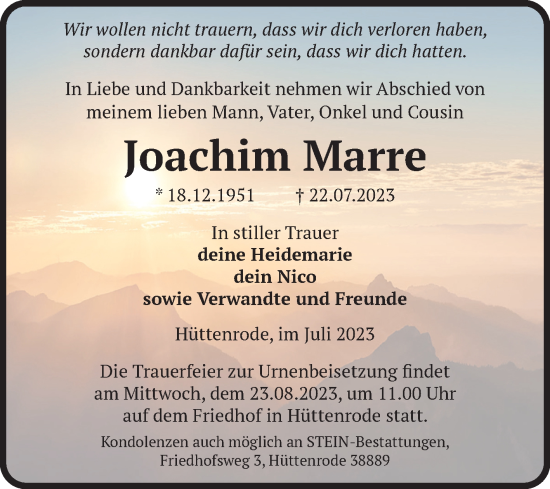 Traueranzeige von Joachim Marre von Volksstimme Wernigerode