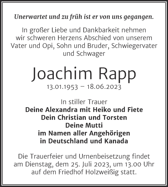 Traueranzeige von Joachim Rapp von Trauerkombi Bitterfeld