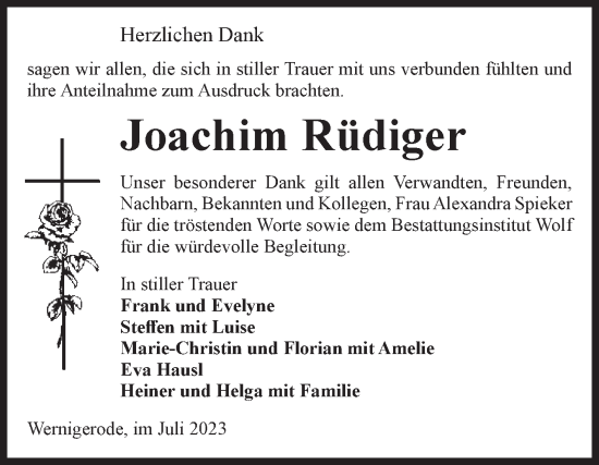 Traueranzeige von Joachim Rüdiger von Volksstimme Wernigerode