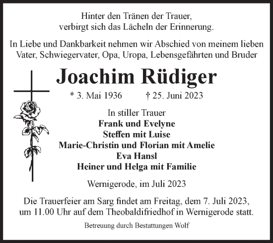 Traueranzeige von Joachim Rüdiger von Volksstimme Wernigerode