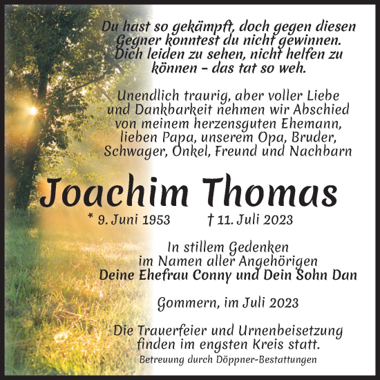 Traueranzeige von Joachim Thomas von Volksstimme Burg/Genthin