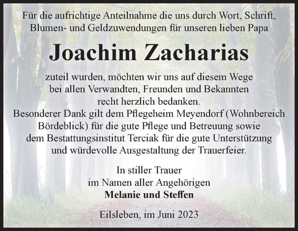  Traueranzeige für Joachim Zacharias vom 01.07.2023 aus Volksstimme Oschersleben/Wanzleben