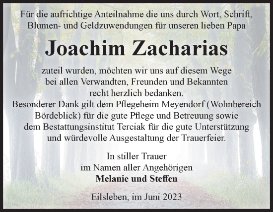 Traueranzeige von Joachim Zacharias von Volksstimme Oschersleben/Wanzleben