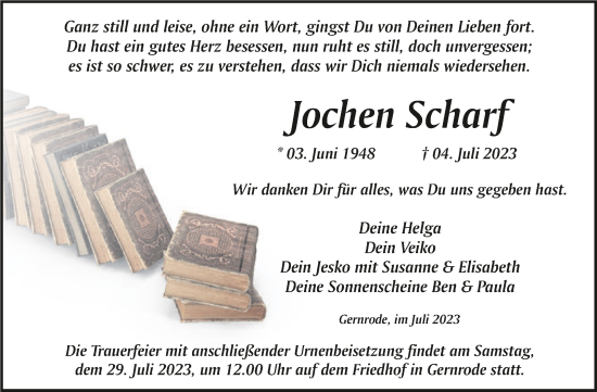 Traueranzeige von Jochen Scharf von Trauerkombi Quedlinburg