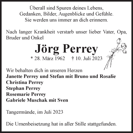 Traueranzeige von Jörg Perrey von Volksstimme Altmark Ost