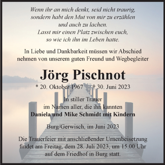 Traueranzeige von Jörg Pischnot von Volksstimme Burg/Genthin