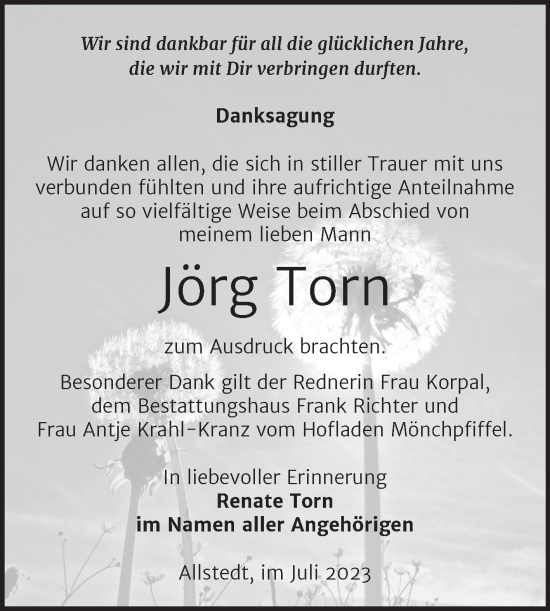 Traueranzeige von Jörg Torn von Trauerkombi Sangerhausen