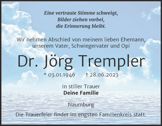 Traueranzeige von Jörg Trempler von Wochenspiegel Naumburg/Nebra