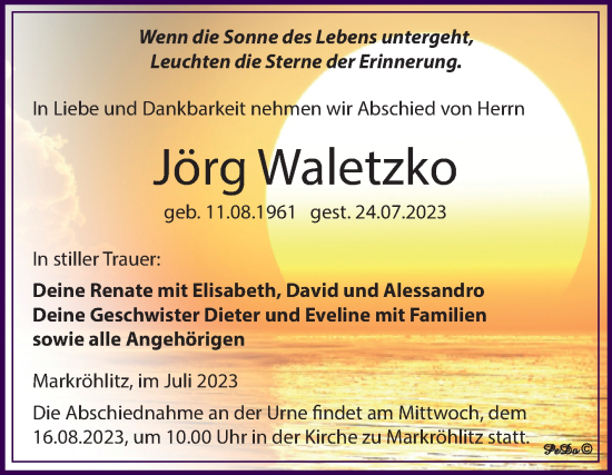 Traueranzeige von Jörg Waletzko von Trauerkombi Weißenfels