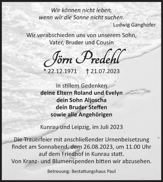 Traueranzeige von Jörn Predehl von Volksstimme Altmark West