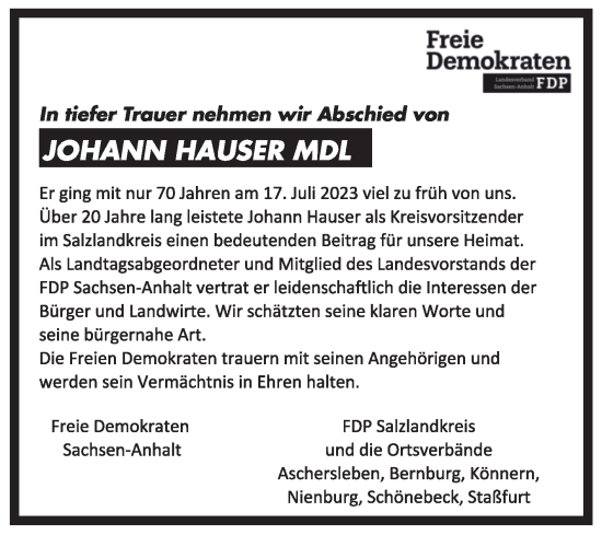Traueranzeige von Johann Hauser 