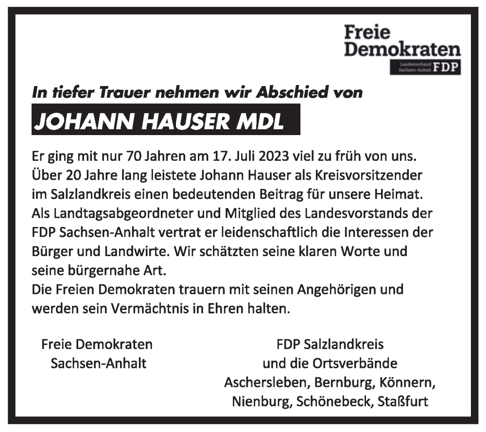  Traueranzeige für Johann Hauser vom 29.07.2023 aus 