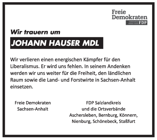 Traueranzeige von Johann Hauser von Mitteldeutsche Zeitung Halle/Saalkreis