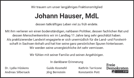 Traueranzeige von Johann Hauser 