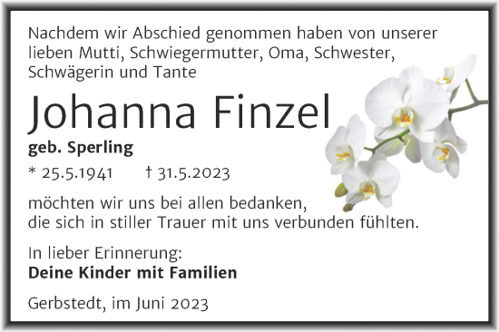 Traueranzeige von Johanna Finzel von Super Sonntag Mansfelder Land