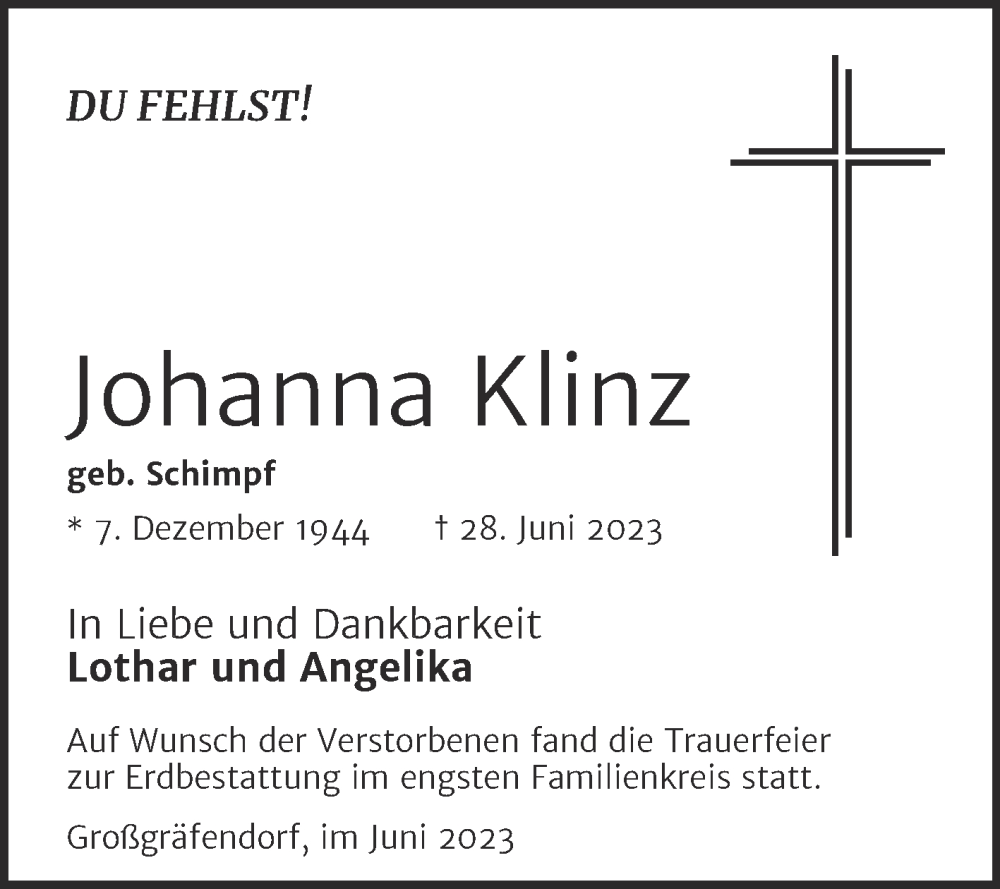  Traueranzeige für Johanna Klinz vom 08.07.2023 aus Trauerkombi Merseburg