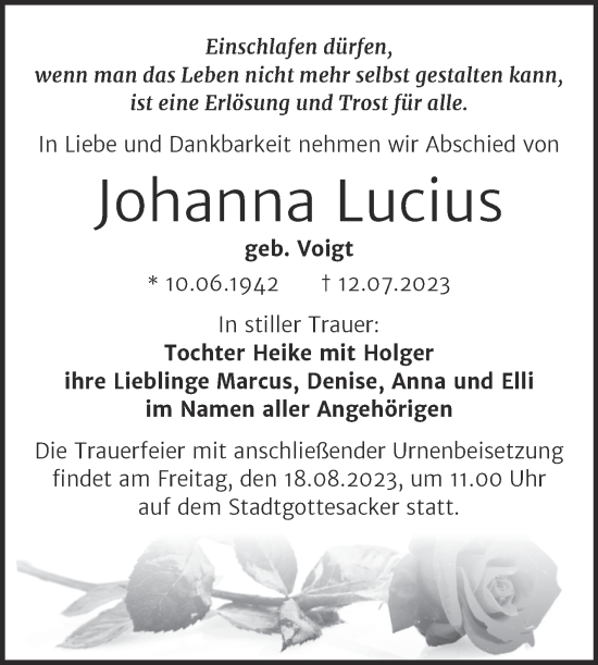 Traueranzeige von Johanna Lucius von Mitteldeutsche Zeitung Halle/Saalkreis