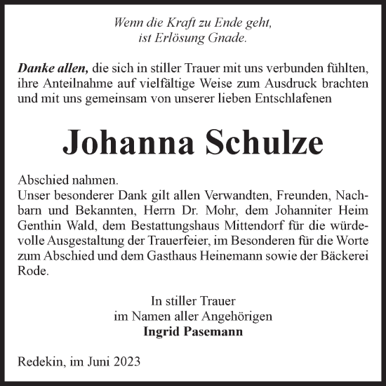 Traueranzeige von Johanna Schulze von Volksstimme Burg/Genthin