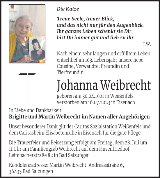 Traueranzeige von Johanna Weibrecht von Mitteldeutsche Zeitung Weißenfels