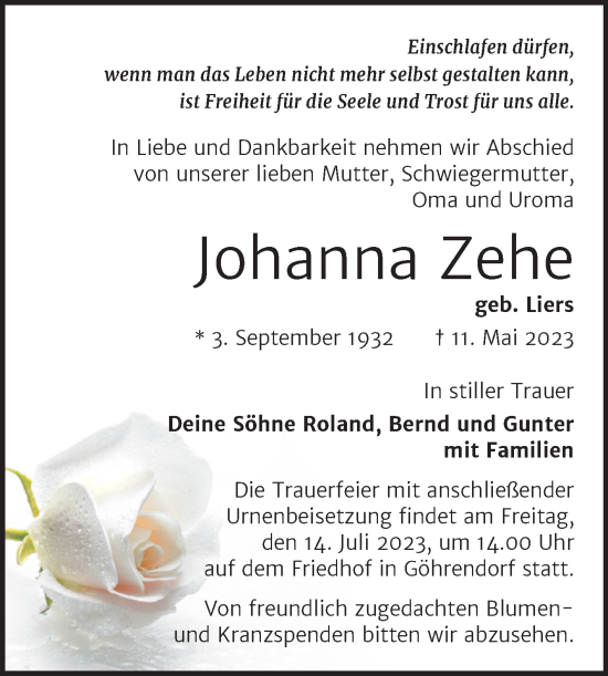 Traueranzeige von Johanna Zehe von Trauerkombi Merseburg