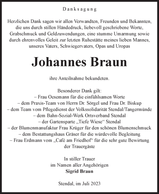 Traueranzeige von Johannes Braun von Volksstimme Altmark Ost