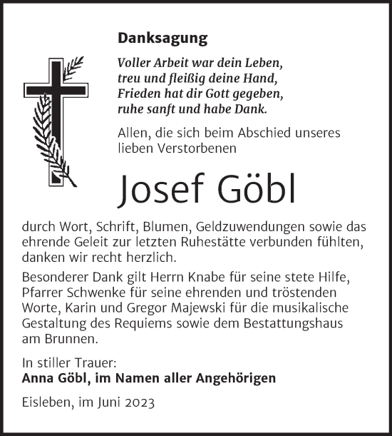 Traueranzeige von Josef Göbl von Trauerkombi Mansfelder Land