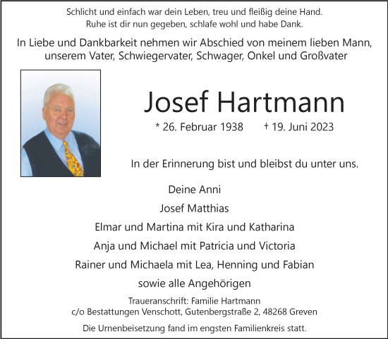 Traueranzeige von Josef Hartmann von Volksstimme Burg/Genthin