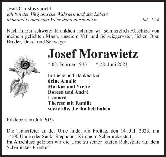 Traueranzeige von Josef Morawietz von Volksstimme Oschersleben/Wanzleben