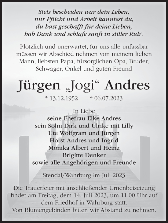 Traueranzeige von Jürgen Andres von Volksstimme Altmark Ost