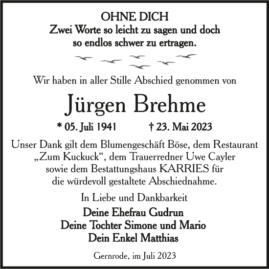 Traueranzeige von Jürgen Brehme von Trauerkombi Quedlinburg