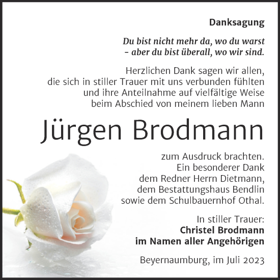 Traueranzeige von Jürgen Brodmann von Trauerkombi Sangerhausen