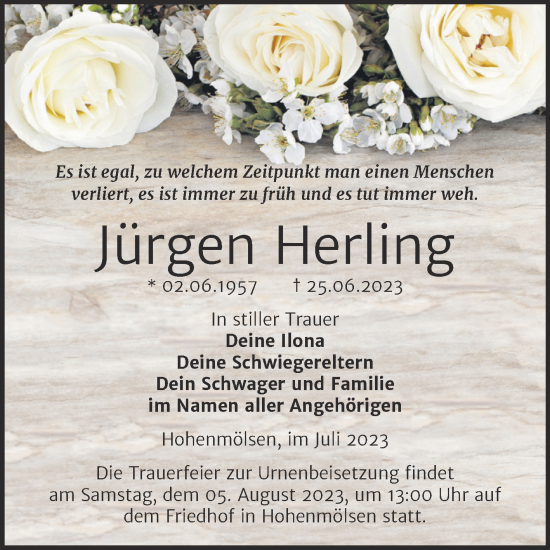 Traueranzeige von Jürgen Herling von Trauerkombi Weißenfels