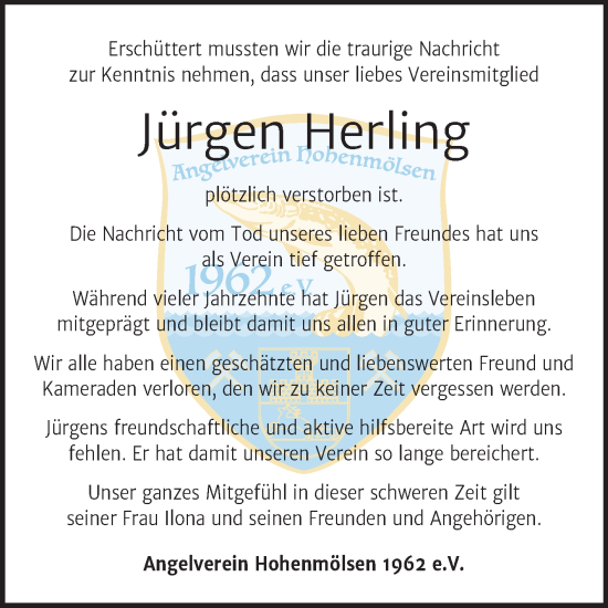 Traueranzeige von Jürgen Herling von Wochenspiegel Weißenfels