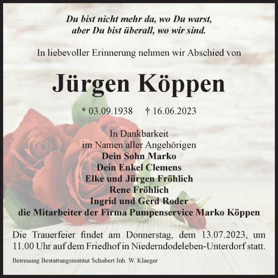 Traueranzeige von Jürgen Köppen von Volksstimme Magdeburg