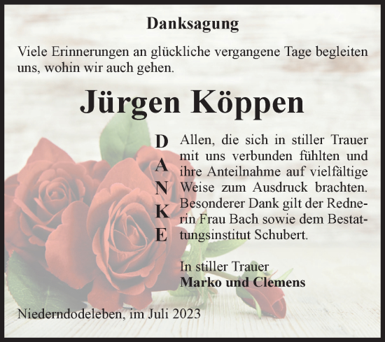 Traueranzeige von Jürgen Köppen von Volksstimme Magdeburg
