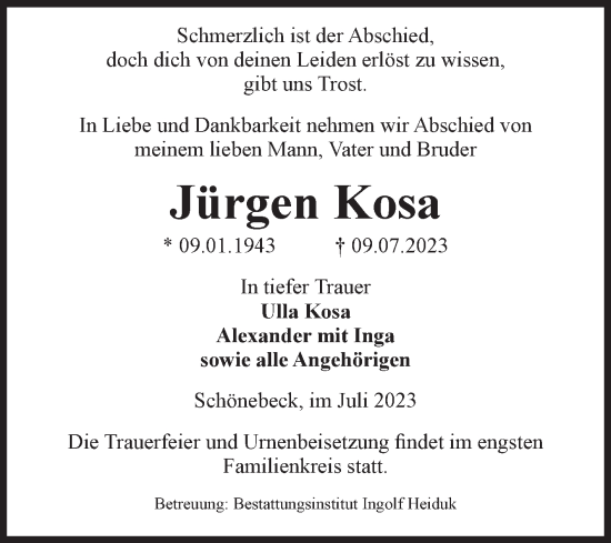 Traueranzeige von Jürgen Kosa von Volksstimme Schönebeck