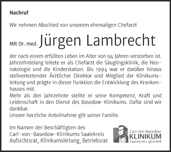 Traueranzeige von Jürgen Lambrecht von Mitteldeutsche Zeitung Merseburg/Querfurt