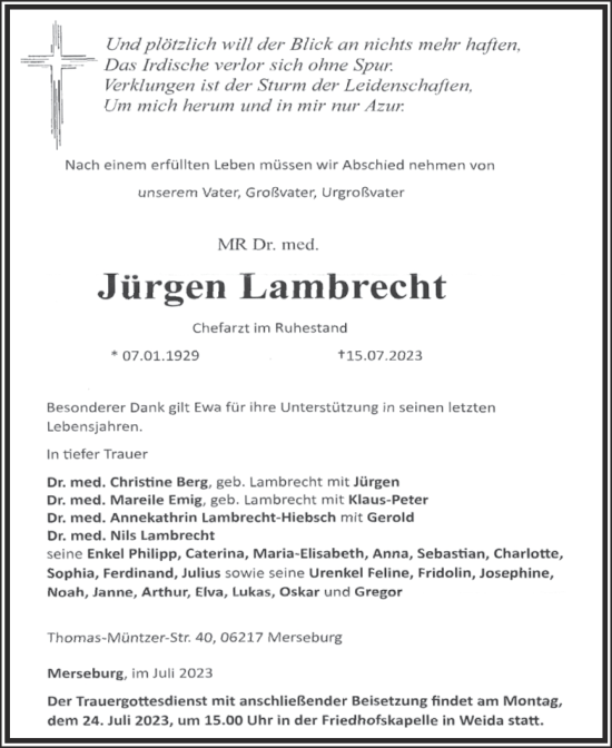 Traueranzeige von Jürgen Lambrecht von Mitteldeutsche Zeitung Merseburg/Querfurt