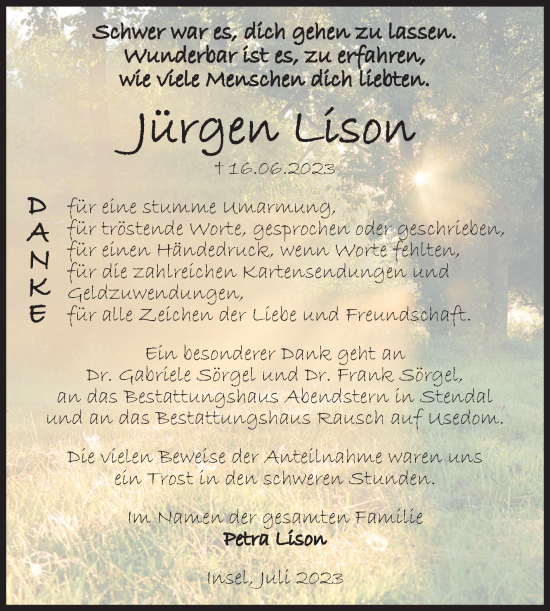 Traueranzeige von Jürgen Lison von Volksstimme Altmark Ost